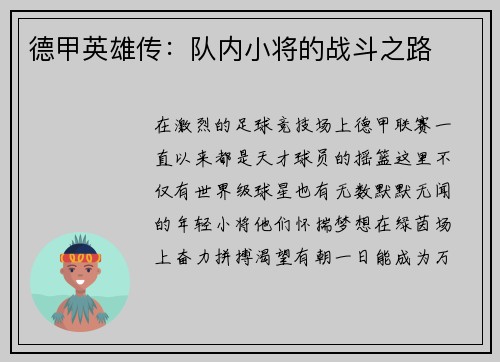 德甲英雄传：队内小将的战斗之路